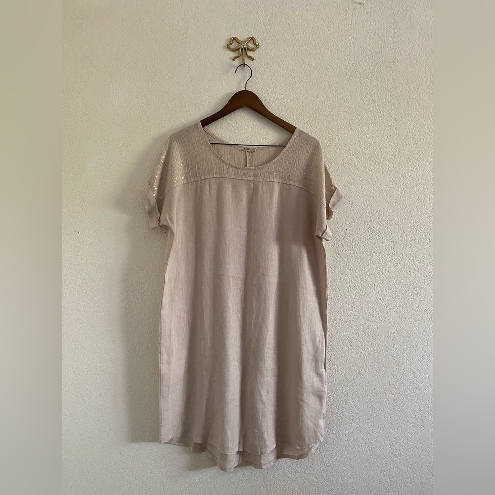 Lungo L'arno 100% Linen Shift Dress / Tunic Womens Small Sequins Lagenlook